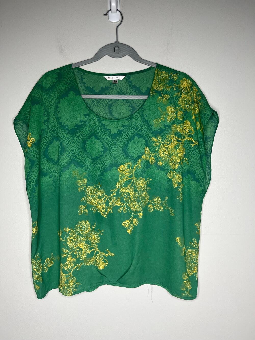 CAbi Emerald Green Chiffon Top Yellow Floral XL Artsy Lagenlook Boho Lightweight
